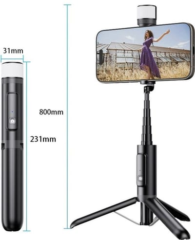 Selfies tick Universeel -bluetooth selfie stick -selfiestick met afstandsbediening- Telefoon statief-Selfie Stick Statief -Selfiestick iphone&samsung-Met Ingebouwde LED gekleurde verlichting-360° Rotatie- Uitschuifbaar - Aluminiumlegering - Zwart