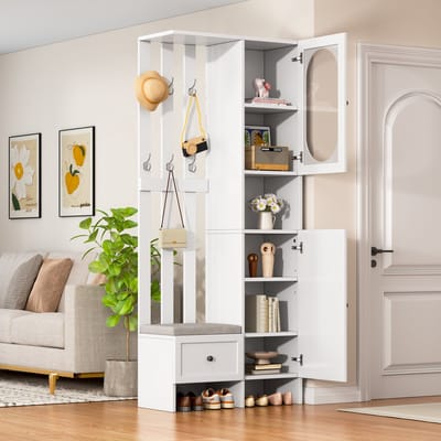 Garderobekast - 85x33.5x200 cm - met 2 Kasten - Schoenenbank en Kussen - Gehard Glas - Wit