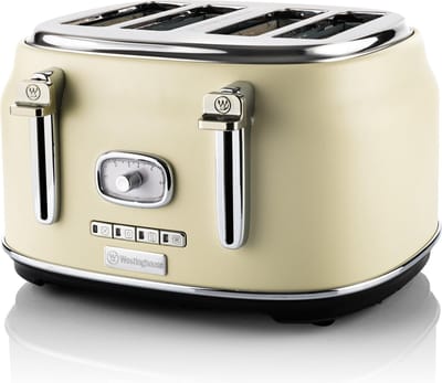 Westinghouse Retro Broodrooster – 4 Sneden – Extra Brede Sleuven – Warmhoudrek – 1750W – Beige