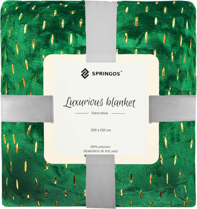 Springos Plaid | Sprei | Deken | 220 x 200 cm | Pluche | Groen/ Goud