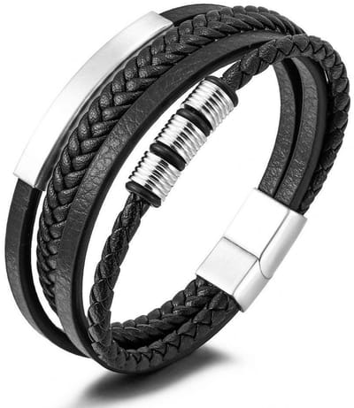 Armband Heren - Zwart Leer met Zilver kleurige Accenten - Dubbel Gevlochten - Leren Armbanden - Papa Cadeau Voor Mannen - Vaderdag