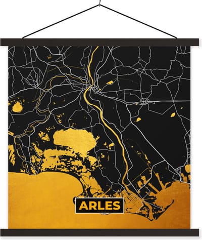 Posterhanger incl. Poster 60x60 cm - Schoolplaat - Plattegrond – Kaart – Stadskaart – Frankrijk – Arles - Textielposter - Zwarte latten - Stadskaart