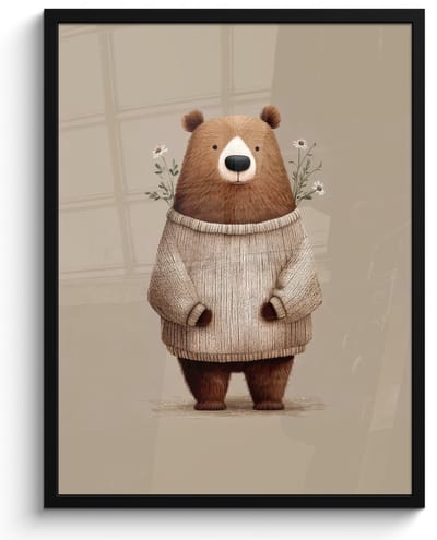 Poster in lijst - Fotolijst 50x70 cm - Posters - Beer - Witte bloemen - Knus - Posterlijst zwart - Decoratie - Wanddecoratie woonkamer - Muurdecoratie slaapkamer
