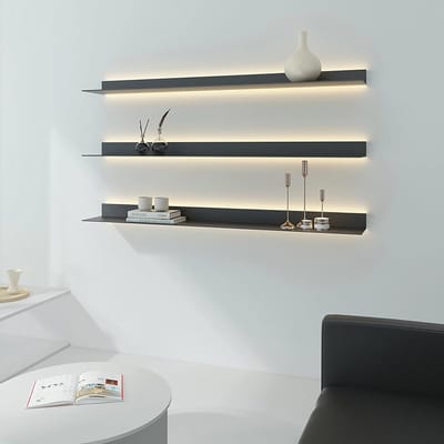 Wandplanken Zwevend LED Verlicht Metaal Set van 2 – 150 cm Industrieel Muur Display Rek – Wandplank voor Woonkamer, Keuken & Badkamer – HomebyNicole