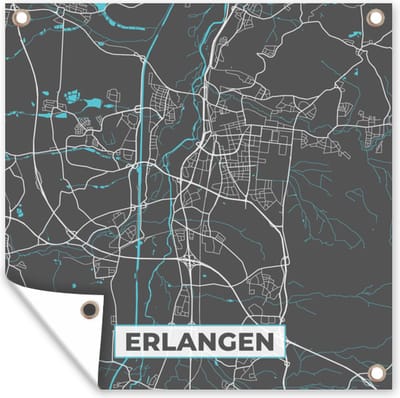 Tuin poster Duitsland – Blauw – Erlangen – Stadskaart – Kaart – Plattegrond - 200x200 cm - Tuindoek