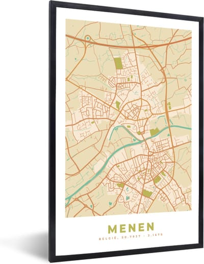 Fotolijst incl. Poster - Vintage - Menen - Kaart - Stadskaart - Plattegrond - 40x60 cm - Posterlijst