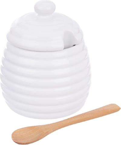 Honingpot met Lepel Porselein WHITELINE 340 ml - Honinglepel - Honingdipper - Honing Siroop Dispenser