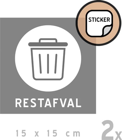 Pictogram/ stickers (2x) | "Restafval" | 15 x 15 cm | Afval sorteren | Sticker | Rest | Zelfklever | Verpakkingen | Grijs | 2 stuks