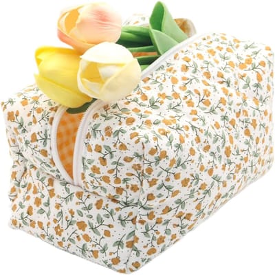 Kryzalite Floral Pattern Padded Cosmetic Bag with Large Capacity Soft Cotton for Makeup Brushes and Beauty Supplies (Orange), Orange, Large, orange