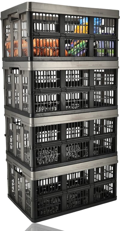 Vouwkrat 45 Liter – Set van 4 – Belastbaar tot 30 KG – Opvouwbare Kratten – Inklapbare Boodschappenkrat – Verhuisdoos Alternatief – Stapelbaar – 53,1 x 37 x 27 cm – Zwart