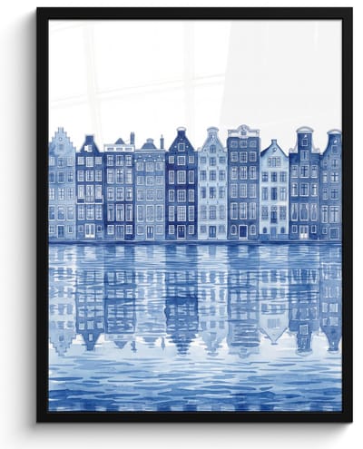 Poster in lijst - Fotolijst 60x80 cm - Posters - Aquarel - Grachtenpanden - Delfts - Blauw - Posterlijst zwart - Decoratie - Wanddecoratie woonkamer - Muurdecoratie slaapkamer