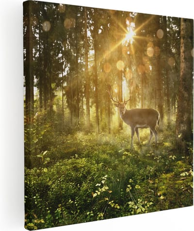 Artaza Canvas Schilderij Hert In Bos - 30x30 cm - Klein - Wanddecoratie Zonlicht - Muurdecoratie Natuur - Kamer Accessoires