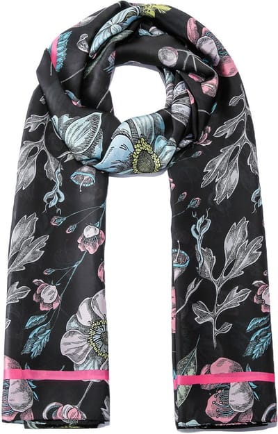 Emilie scarves - sjaal - bloemenprint - lang - satijn - Zwart