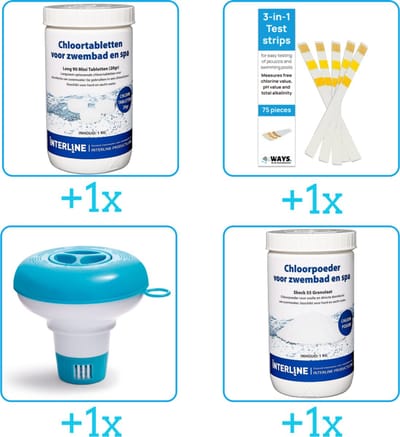 Zwembad Onderhoudspakket - Onderhoud Zwembad - bevat Chloor - Testrips - Chloordrijver en Chloor (4-delig)