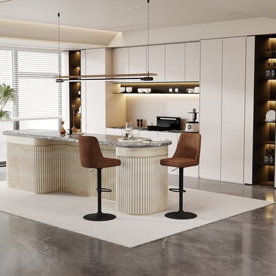 Wishdor Set Van 2 Verstelbare Barkrukken - 360 Graden Draaibaar En Met Rugleuning - Modern Ontwerp Voor Keukeneiland En Bartafel - Stof En Metaal - Bruin En Zwart - Zithoogte 63 Tot 85 Cm
