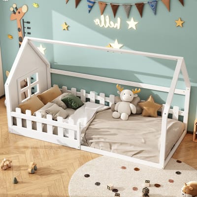 DESMIU Kinderbed 90x200cm Zonder Matras – Huisvormig Bed Met Lattenbodem – Speels Slaappaneel Voor Kinderkamer – Grenen En MDF – Wit