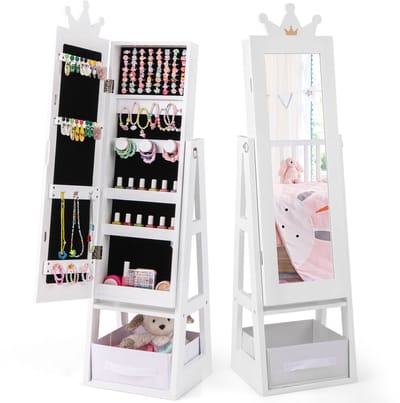 COSTWAY Sieradenkast voor kinderen, 3-in-1 spiegelkast, kantelbaar, met full-body spiegel en opbergmand, sieradenorganizer in kroonvorm voor kinderen vanaf 3 jaar (wit)