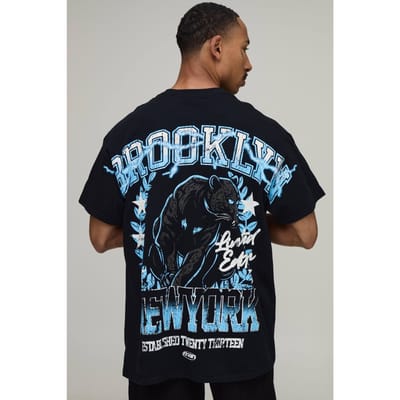 Zwart Oversized Brooklyn T-shirt Met Print Over De Naden | Black | Size Small