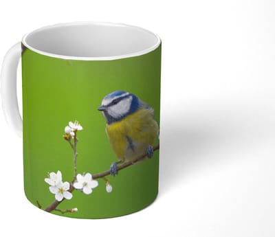 Mok - Koffiemok - Pimpelmees - Tak - Bloemen - Bloesem takken - Vogel - Mokken - 350 ML - Beker - Koffiemokken - Theemok