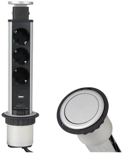 Design Light Liftbox - Stekkerdoos - Verdeelstekker met 3 Stopcontacten - 1x USB-A & 1x USB-C - Inbouw Stekkerblok met 1.8 meter kabel - Aluminium
