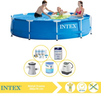 Intex Rond Frame Zwembad - 366 x 76 cm - Blauw - Inclusief Pomp - Filter - Zoutwatersysteem - Zwembadzout - 5-delig