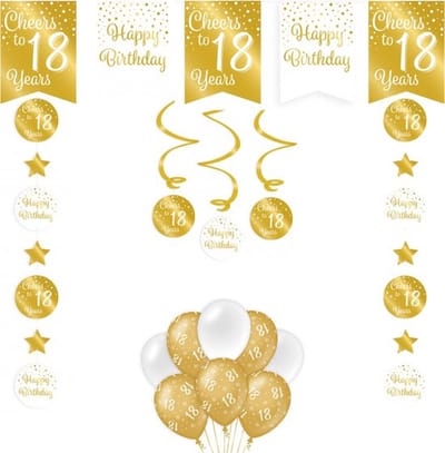 Feestpakket Verjaardag Versiering 18 Jaar - Goud - Wit - 14 Stuks - Versiering - Decoratie - Pakket - Leeftijden - Slinger - Ballonnen - Hangdecoratie - Swirls - Thema Versiering - 18e Verjaardag Decoratie
