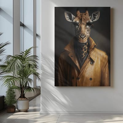 Canvas Schilderij - Dieren - Giraffe in Leren Jas - 60x40x2 cm