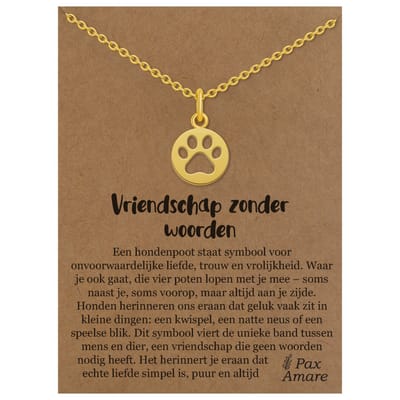 Hondenpootjes Ketting op Cadeau Kaartje - Vriendschap zonder woorden - Goudkleurig - Schattige Pootjes Ketting - Roestvrij Staal / Stainless Steel - 45cm + 5cm verstelbaar - Pax Amare