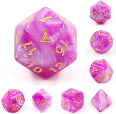 Polyset Dice | Dobbelstenen - Set Van 7 Stuks - Paars Roze Wit Glitters en Goud| Polydice | Voor D&D en Andere Rollenspellen | Plastic Dobbelstenen Set voor Dungeons and Dragons | Polyhedral Dice Set | Mooie Zwarte Velvet Dice Bag voor 3 Sets