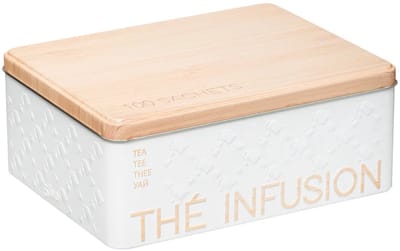 5Five Theedoos - 6-vaks - voor 100 theezakjes - wit met houtprint - metaal - 20,5 x 16 x 8,5 cm - theeblik