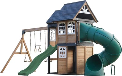 AXI Noud Speeltoestel met Speelhuis, Schommels, Trapeze, Klimwand – Met Bank – Groene Glijbaan – Met Buisglijbaan - FSC 100% hout – Speeltoestel voor de tuin / buiten
