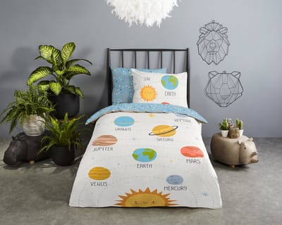 Good Morning dekbedovertrek ruimte / planeten - 1 persoons 140x200/220 cm - Wit - 100% Katoen renforc�
