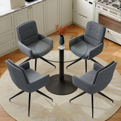 Eettafelset - Ronde Glazen Eettafel Met 4 Draaibare Eetkamerstoelen - Voor Eethoek En Café - Metaal Donkergrijs Zwart Transparant