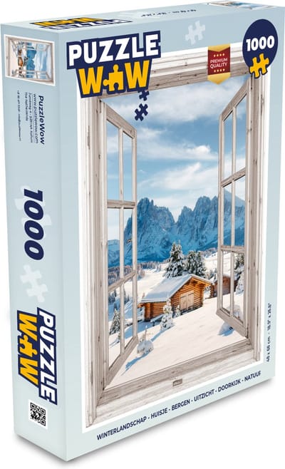 Puzzel Winterlandschap - Huisje - Bergen - Uitzicht - Doorkijk - Natuur - Legpuzzel - Puzzel 1000 stukjes volwassenen