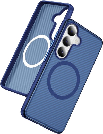 Casemania Hoesje Geschikt voor Samsung Galaxy S26 - Donker Blauw - Magnetishce Back Cover met Carbon Fiber Print - Bescherming Telefoonhoesje Geschikt voor MagSafe