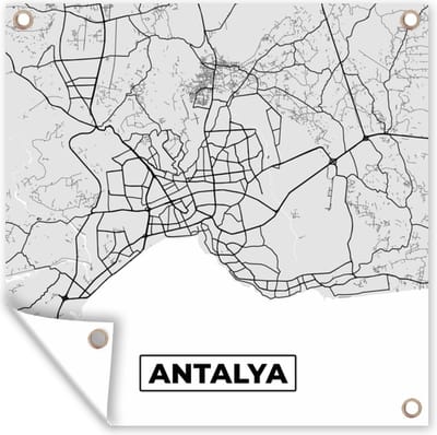 Tuin poster Antalya - Stadskaart - Plattegrond - Zwart Wit - Kaart - 200x200 cm - Tuindoek