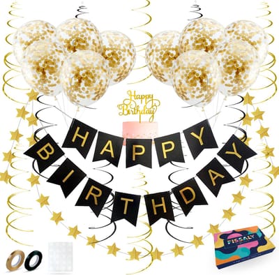 Fissaly Verjaardag Slinger Zwart & Goud met Papieren Confetti Ballonnen – Decoratie – Happy Birthday