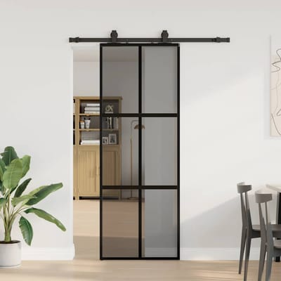 vidaXL - Schuifdeur - met - beslagset - 76x205 - cm - gehard - glas - zwart