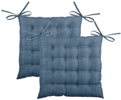 Stof Textile stoelkussen BEA - 2x - blauw - 40 x 40 x 4 cm - touwtjes sluiting - binnen/buiten - zitkussens plat