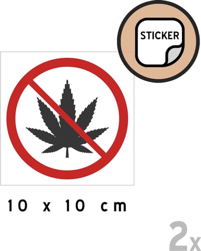 Pictogram/ stickers (2x) | Cannabis verboden | 10 x 10 cm | Verbodsbord | Joints | Wiet | Hasj | Blowen | Weed | Sticker | Blow een joint | Roken | 2 stuks