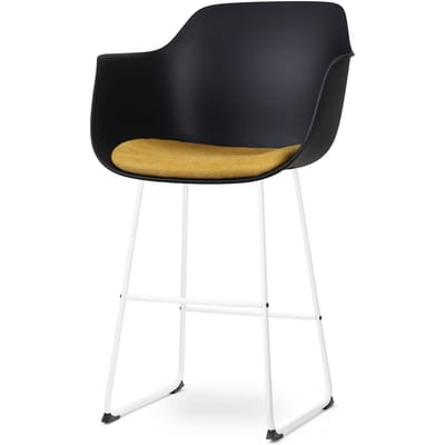 Nolon Nino-Liz Barkruk Zwart met Okergeel Zitkussen - Armleuning - Kunststof - Wit Onderstel - 75 cm - Barstoel met Rugleuning