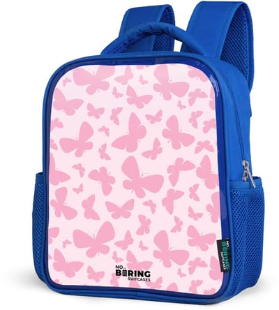 NoBoringSuitcases.com® - Rugzak blauw - Schooltas jongens - Roze vlinders - Kinder rugtas jongen - Boekentas kind - Kinderrugzak voor school - Schoolrugzak