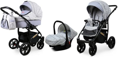 BabyLux® Kinderwagen 3in1 – MIRACLE - LIGHT GRAY - Opklapbare Wandelwagen incl. Reiswieg, Multifunctionele Buggy Sportstoel, Autostoel - Combi-kinderwagen met Luiertas, Regenhoes, Klamboe, Bekerhouder, etc.