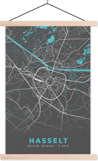 Posterhanger incl. Poster 40x60 cm - Schoolplaat - België – Hasselt – Stadskaart – Kaart – Blauw – Plattegrond - Textielposter - Blanke latten - Stadskaart