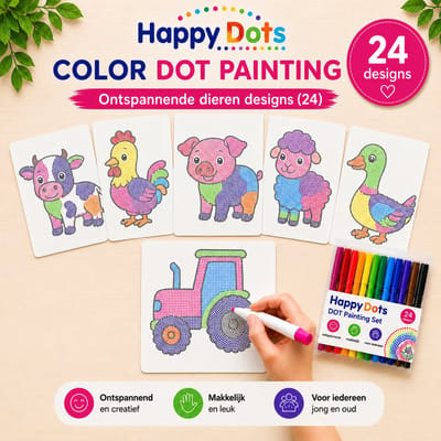 HappyDots Color DOT Painting set Boerderij dieren A4 - 24 designs + stiften set