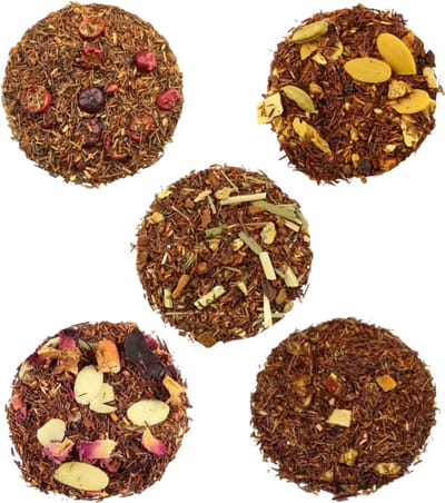 Proefpakket Rooibos Thee – 5 x 15g Losse Thee – Chai, Sinaasappel, Cranberry, Amandel & Gember
