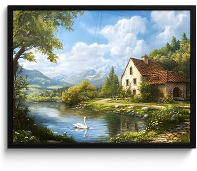 Poster in lijst - Fotolijst 70x50 cm - Posters - Zwaan - Bomen - Rust - Posterlijst zwart - Decoratie - Wanddecoratie woonkamer - Muurdecoratie slaapkamer