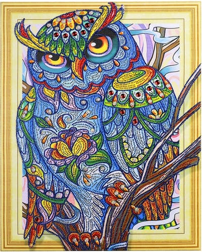 Diamond painting op canvas - gespannen doek - met speciale vormen van steentjes - 40 x 50 cm - Prachtige Kleurrijke Uil