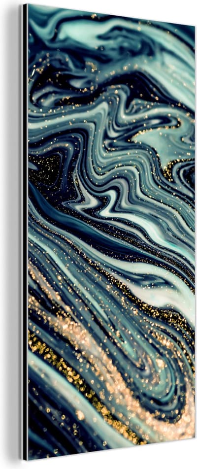 Wanddecoratie Metaal - Aluminium Schilderij Industrieel - Marmer - Goud - Blauw - Glitter - Marmerlook - Abstract - 80x160 cm - Dibond - Foto op aluminium - Industriële muurdecoratie - Voor de woonkamer/slaapkamer