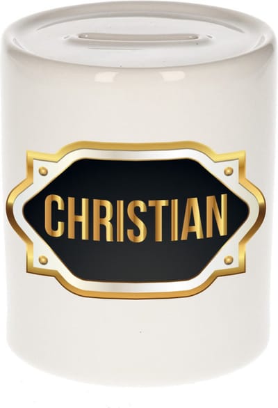 Spaarpot met voornaam Christian - wit - met goud/zwart embleem - 8 x 9 cm - keramiek - met afsluitdop - cadeau verjaardag